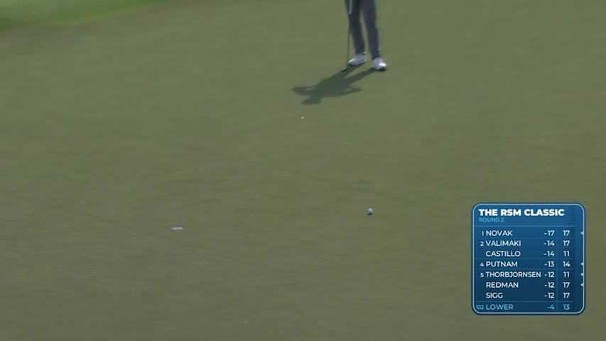 Justin Lower sinks 14-foot birdie putt on No. 14 at The RSM Classic