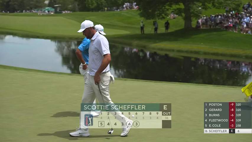 Scottie Scheffler drains 26-foot birdie putt on No. 6 at the Memorial