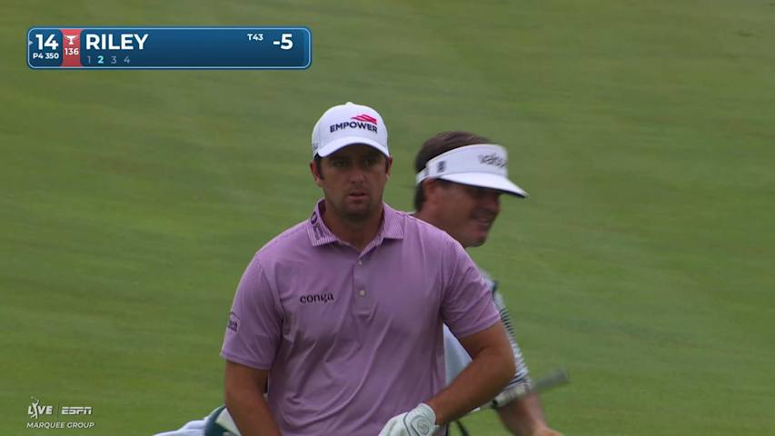 Davis Riley taps in 7-inch putt for birdie on No. 14 at John Deere