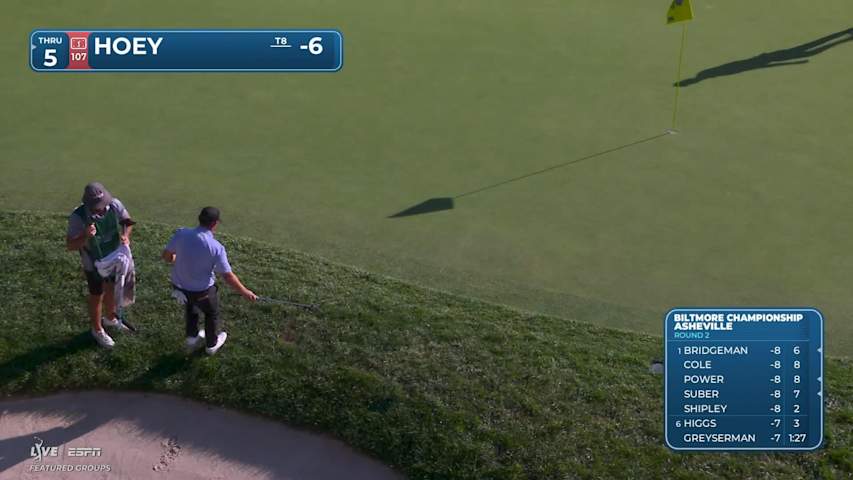 Rico Hoey holes 30-foot bunker shot for birdie on No. 14 at Biltmore Championship