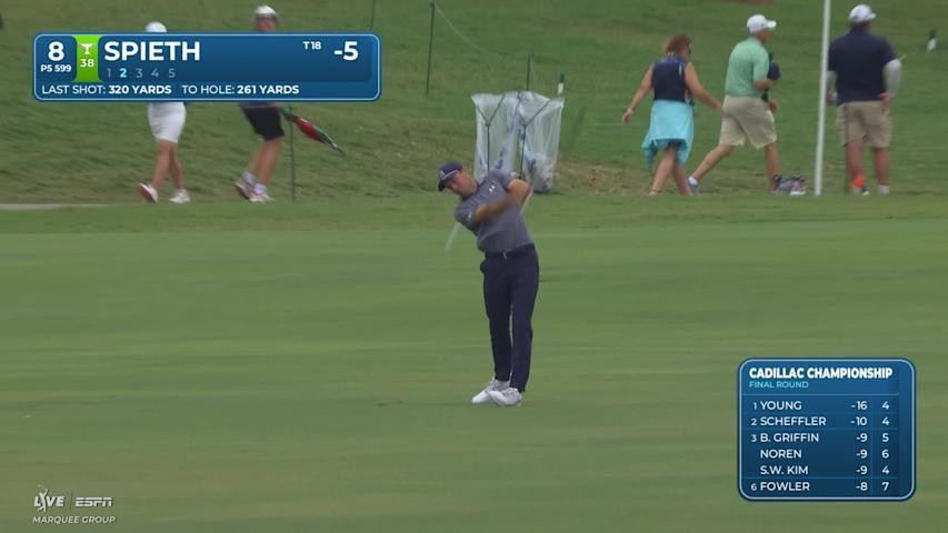 Jordan Spieth finds a birdie after up and down from the sand on No. 8 at Cadillac