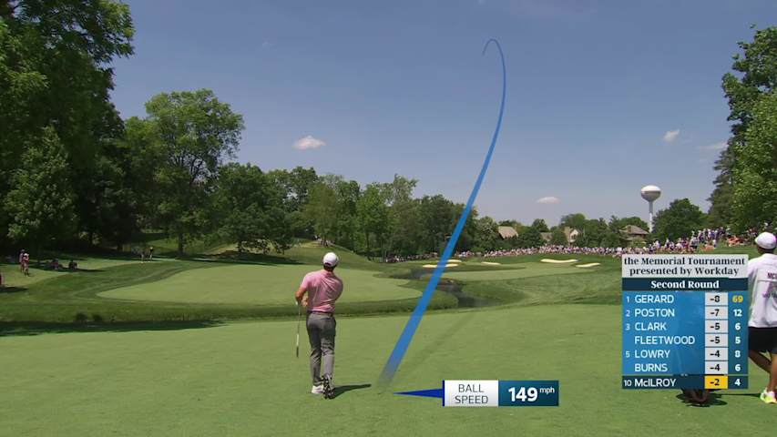 Rory McIlroy sinks 10-foot birdie putt on No. 5 at the Memorial