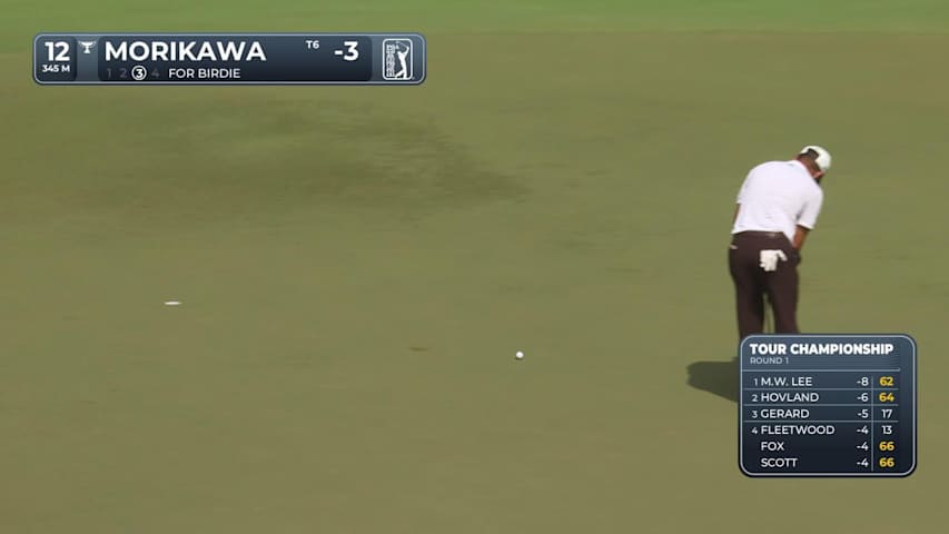 Collin Morikawa drains 16-foot birdie putt on No. 12 at TOUR Championship