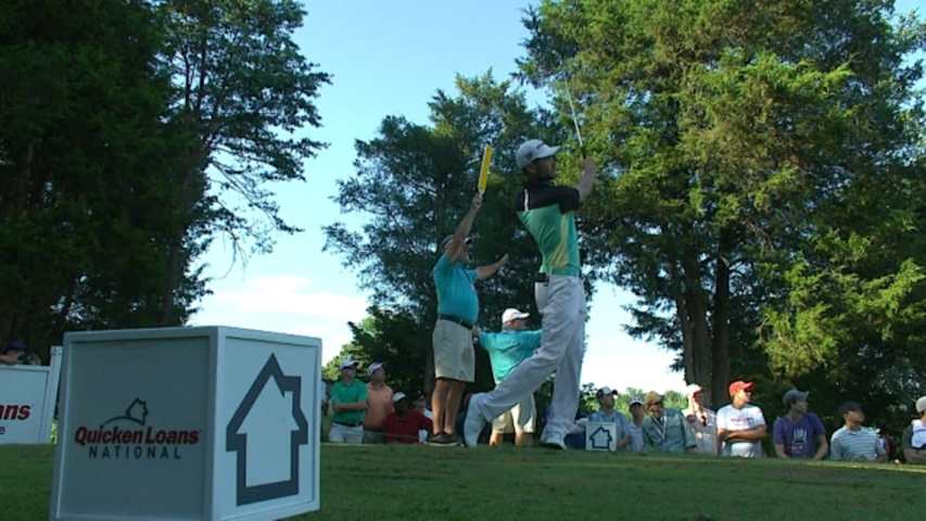 Troy Merritt’s tee shot flirts with the cup on No. 16 at Quicken Loans