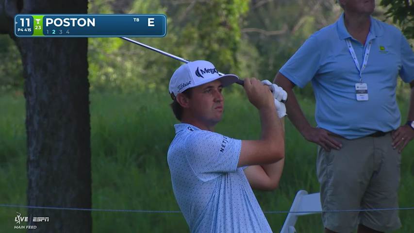 J.T. Poston holes 149-yard approach shot for birdie on No. 11 at John Deere
