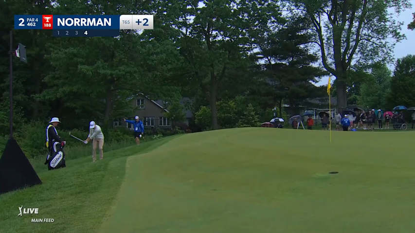 Vincent Norrman holes chip shot for par from tough stance at RBC Canadian