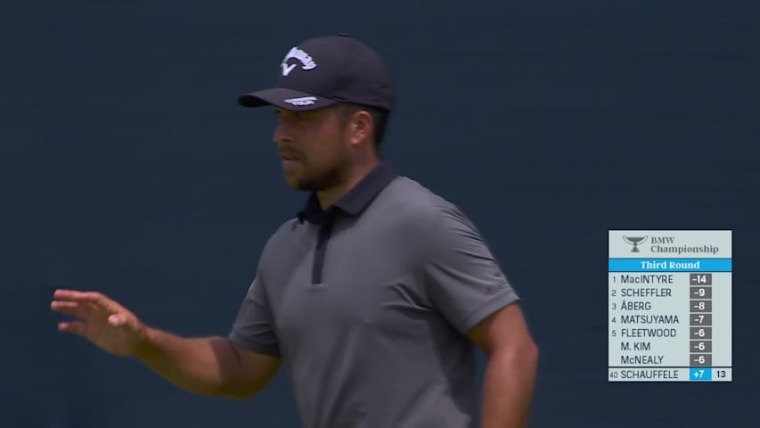 Xander Schauffele holes out for birdie from 17-feet on No. 14 at BMW Championship