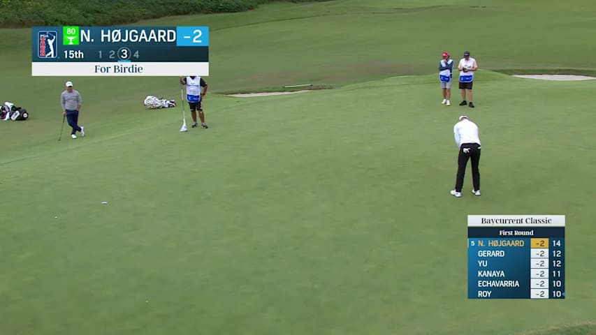 Nicolai Højgaard sinks 38-foot birdie putt on No. 15 at Baycurrent