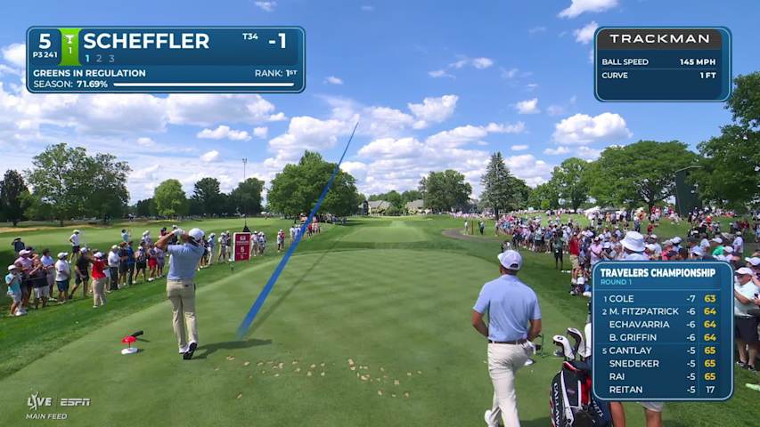 Scottie Scheffler sinks 29-foot birdie putt on No. 5 at Travelers