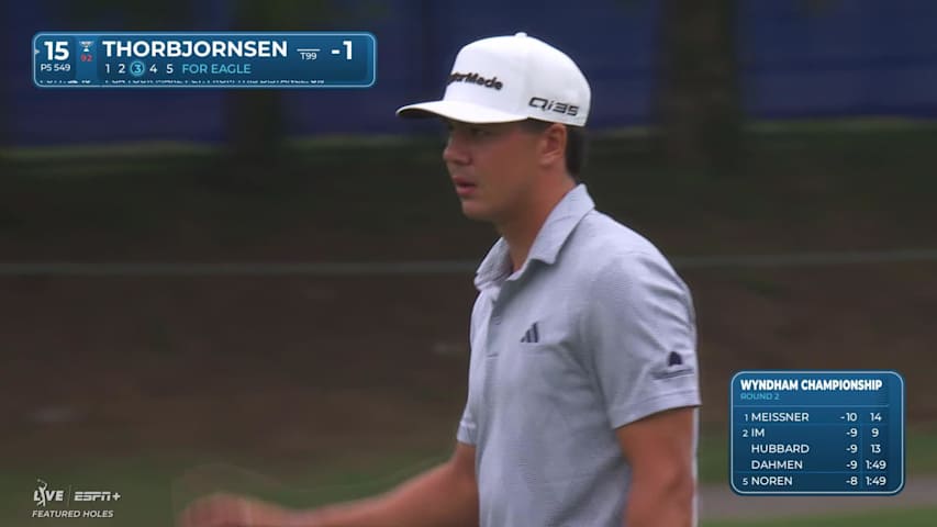 Michael Thorbjornsen sinks a 32-foot eagle putt on No. 15 at Wyndham