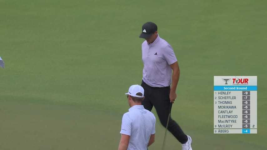 Ludvig Åberg holes out for birdie from 22-feet on No. 1 at TOUR Championship
