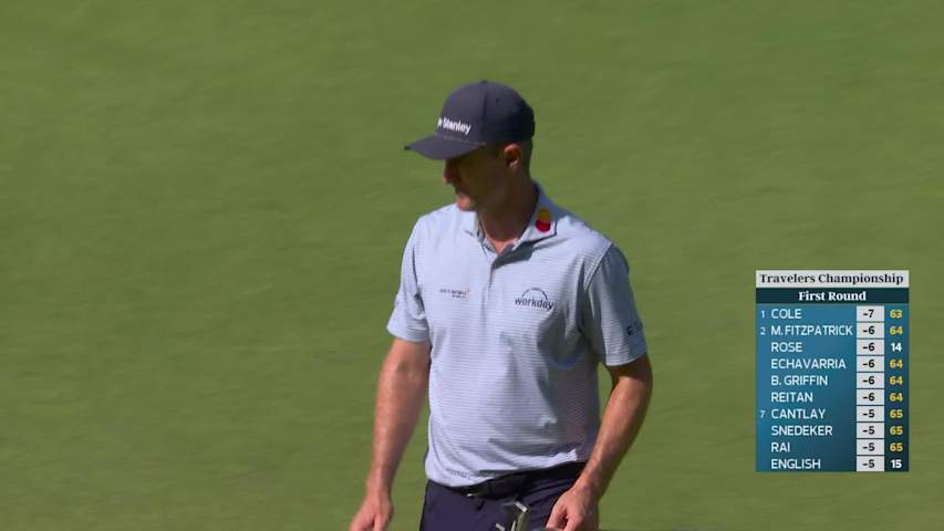 Justin Rose sinks a 20-foot birdie putt on No. 14 at Travelers
