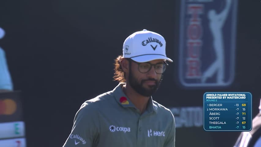 Akshay Bhatia taps in from 3 feet for birdie on No. 16 at Arnold Palmer