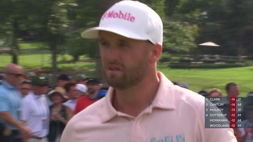 Wyndham Clark sinks 17-foot putt for birdie on No. 18 at BMW Championship