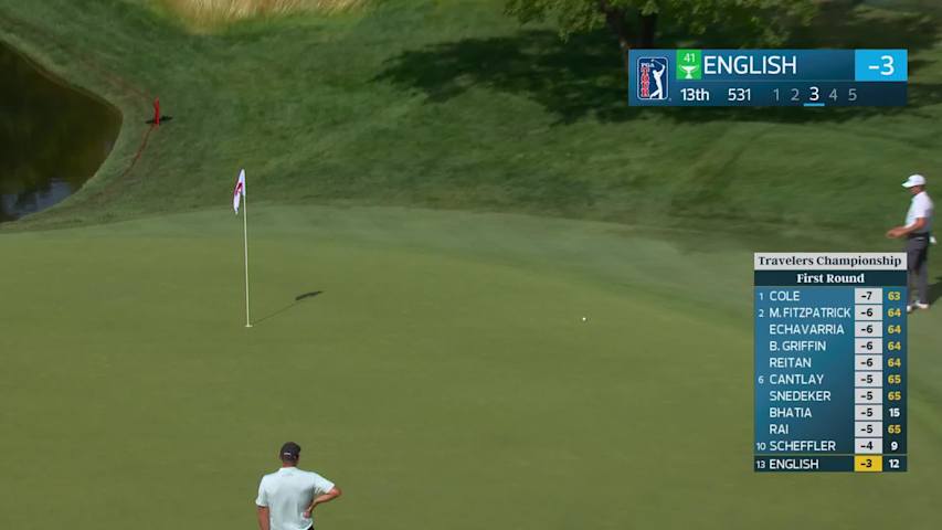 Harris English drains 3-foot putt for birdie on No. 13 at Travelers