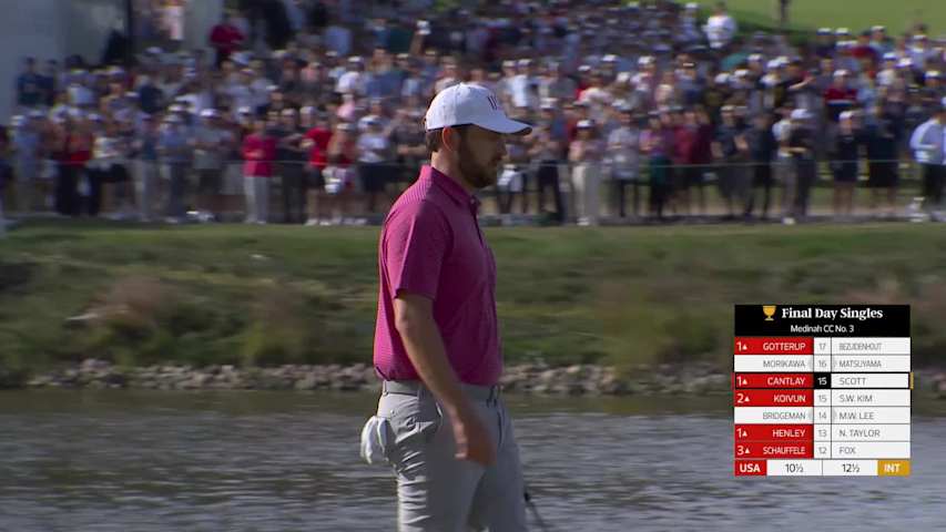 Patrick Cantlay holes out for birdie from 57-feet on No. 16 at Sunday Singles