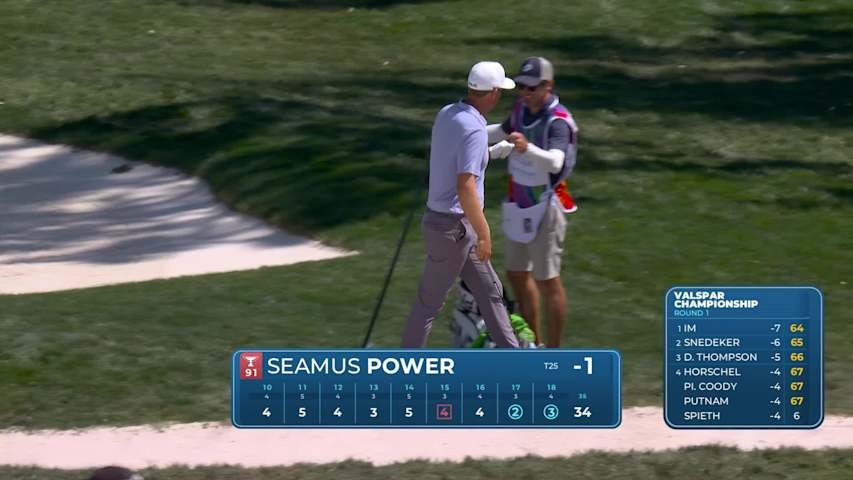 Seamus Power drains 53-foot birdie putt from bunker on No. 18 at Valspar