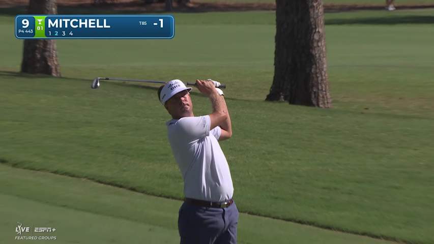 Keith Mitchell hits approach to seven feet, sets up birdie to get to within one of projected cut line at Sanderson Farms