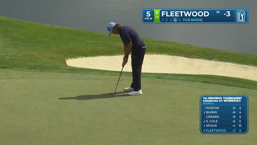 Tommy Fleetwood sinks 7-foot birdie putt on No. 5 at the Memorial