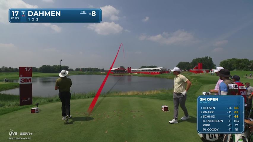 Joel Dahmen sinks a 30-foot birdie putt on No. 17 at 3M Open