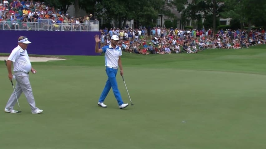 Troy Merritt rolls in an 11-foot par saving putt at FedEx St. Jude