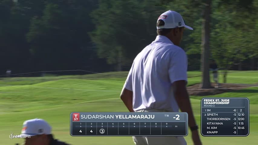 Sudarshan Yellamaraju holes 33-foot shot from rough for eagle on No. 3 at FedEx St. Jude