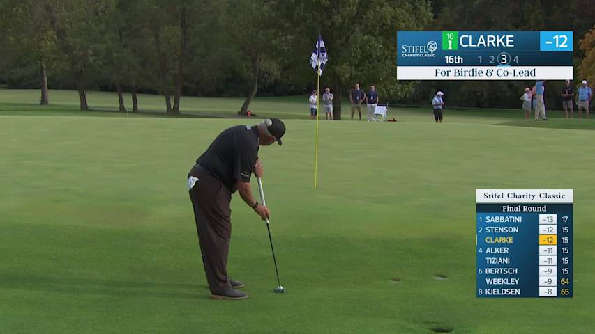 Darren Clarke holes out for birdie on No. 16 at Stifel Charity Classic