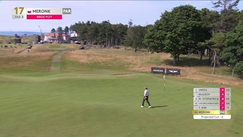 Adrian Meronk sinks 73-foot putt for birdie on No. 17 at Genesis Scottish Open