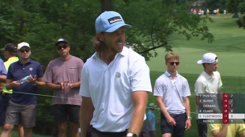 Tommy Fleetwood drains 22-foot birdie putt on No. 9 at the Memorial