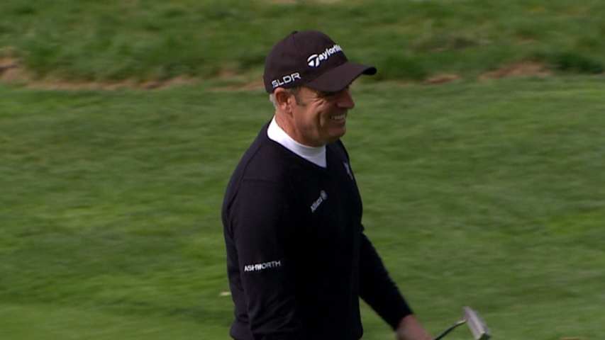 Paul McGinley holes a 25-birdie putt at AT&T Pebble Beach