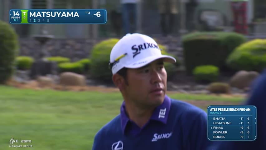 Hideki Matsuyama chips in from 33 feet for birdie on No. 14 at AT&T Pebble Beach