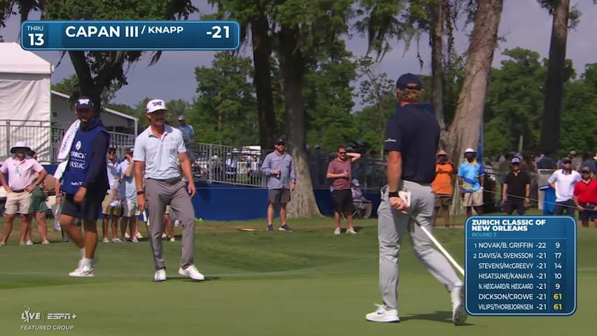 Frankie Capan III holes out for birdie from 28-feet on No. 13 at Zurich Classic
