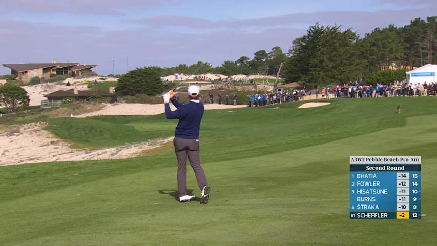 Scottie Scheffler holes out from 15 feet for birdie on No. 4 at Pebble Beach