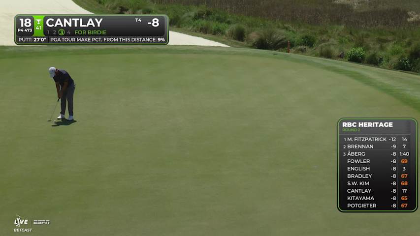 Patrick Cantlay sinks 27-foot birdie putt on No. 18 at RBC Heritage