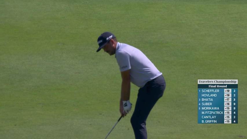 Keegan Bradley gets up-and-down from 121 yards for birdie on No. 18 at Travelers