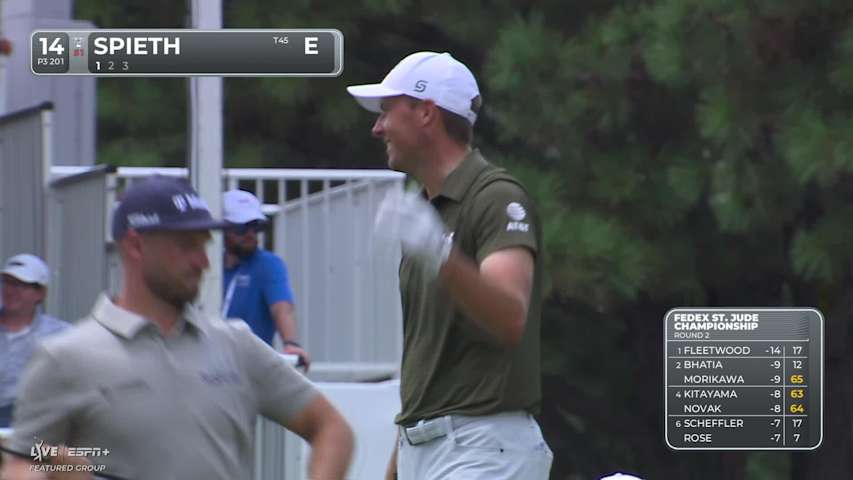 Jordan Spieth sinks a 27-foot birdie putt on No. 14 at FedEx St. Jude