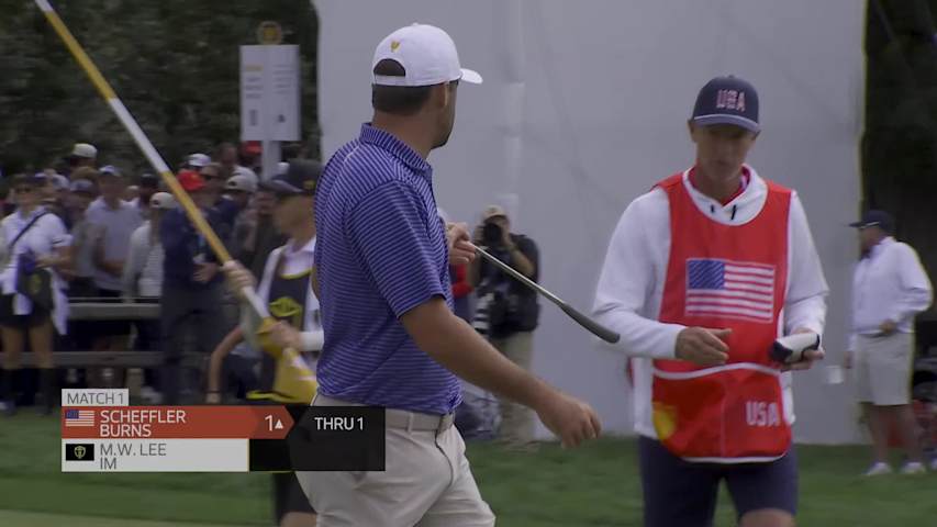 Scottie Scheffler makes birdie on No. 1 at the 2026 Presidents Cup