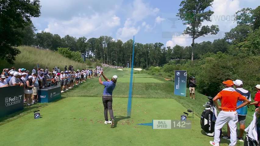 Tommy Fleetwood sinks a 20-foot birdie putt on No. 6 at BMW Championship