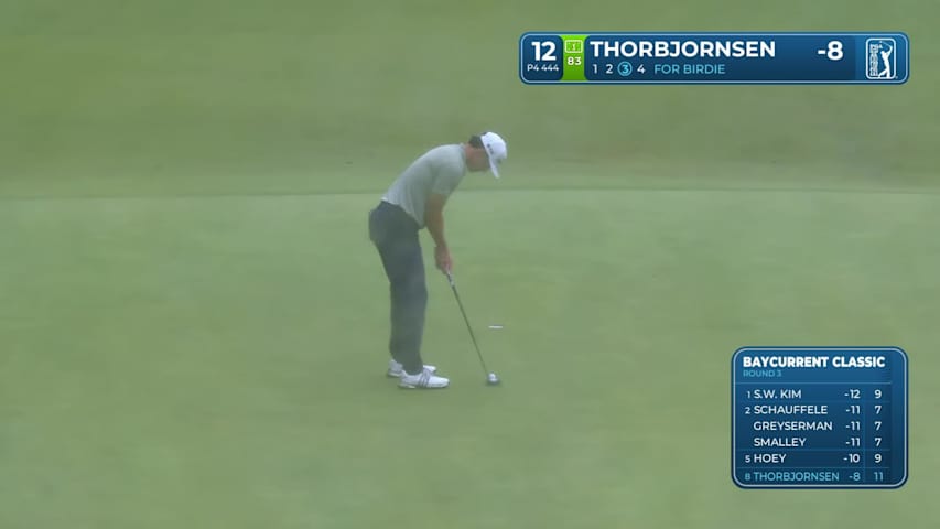 Michael Thorbjornsen sinks 16-foot birdie putt on No. 12 at Baycurrent
