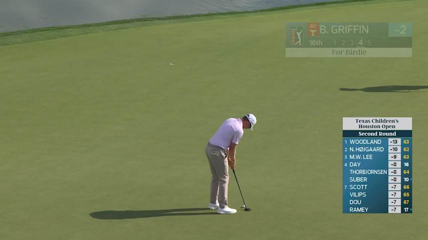 Ben Griffin sinks 37-foot birdie putt on No. 16 at Texas Children's