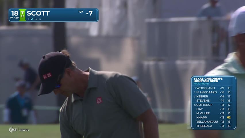Adam Scott hits 162-yard approach to 2 feet, sets up birdie on 18 at Texas Children's