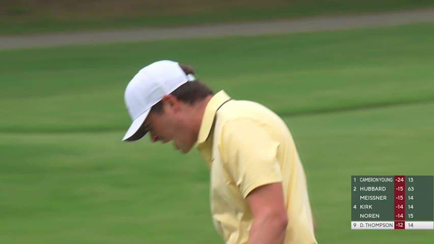 Davis Thompson sinks a 47-foot birdie putt on No. 15 at Wyndham