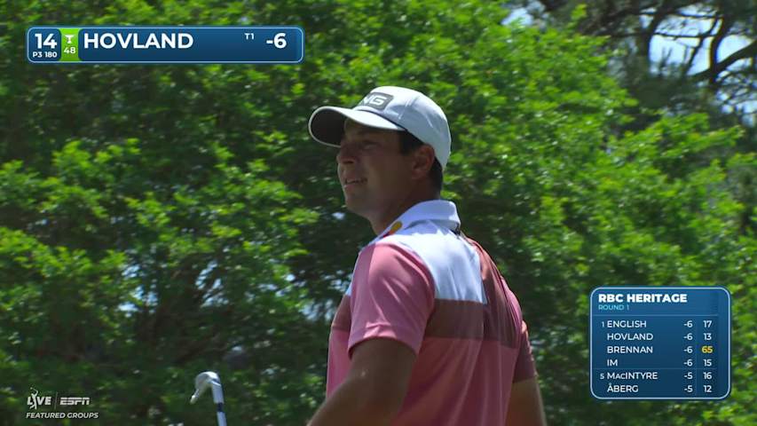 Viktor Hovland sinks a 25-foot birdie putt on No. 14 at RBC Heritage