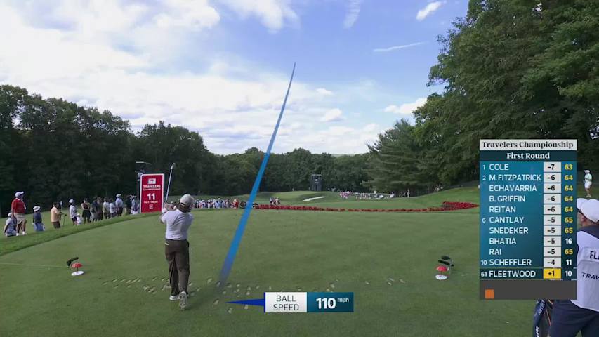 Tommy Fleetwood sinks 24-foot birdie putt on No. 11 at Travelers