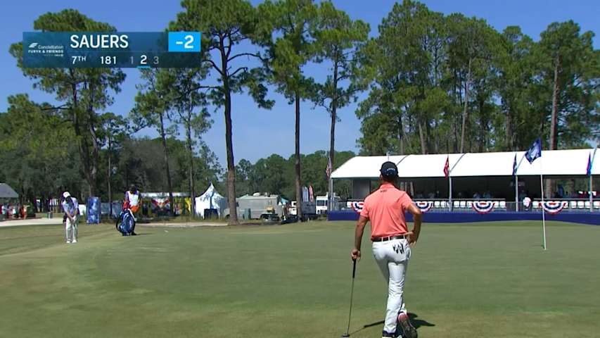 Gene Sauers holes out from front of green at FURYK & FRIENDS