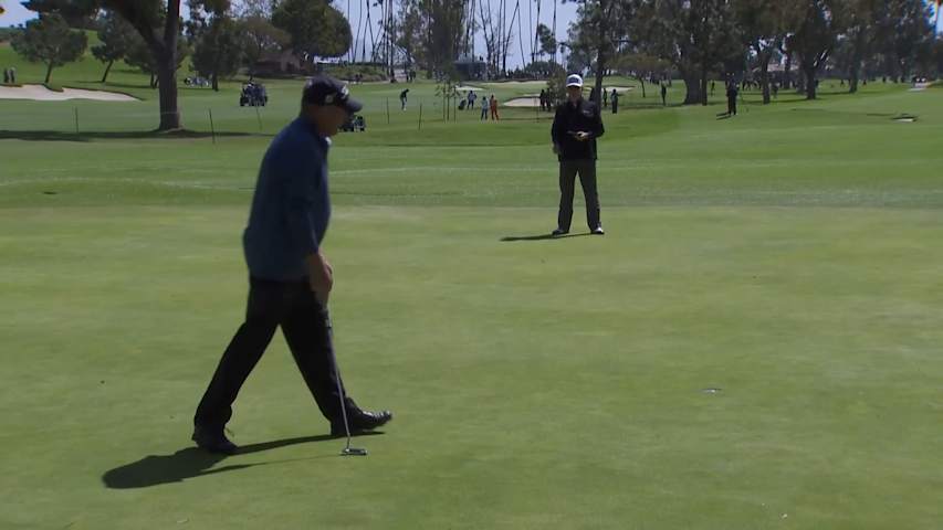 Woody Austin walks-in a birdie putt at Hoag Classic