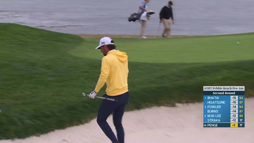 Marco Penge sinks 9-foot birdie putt on No. 18 at Pebble Beach