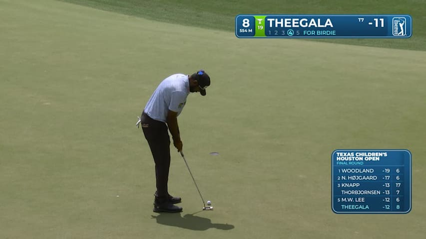 Sahith Theegala sinks 7-foot birdie putt on No. 8 at Texas Children's