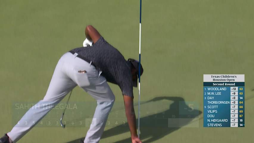 Sahith Theegala holes out 50-foot birdie putt on No. 13 at Texas Children's