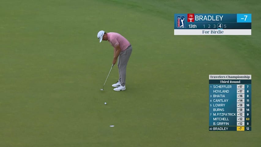 Keegan Bradley sinks 8-foot putt for birdie on No. 13 at Travelers